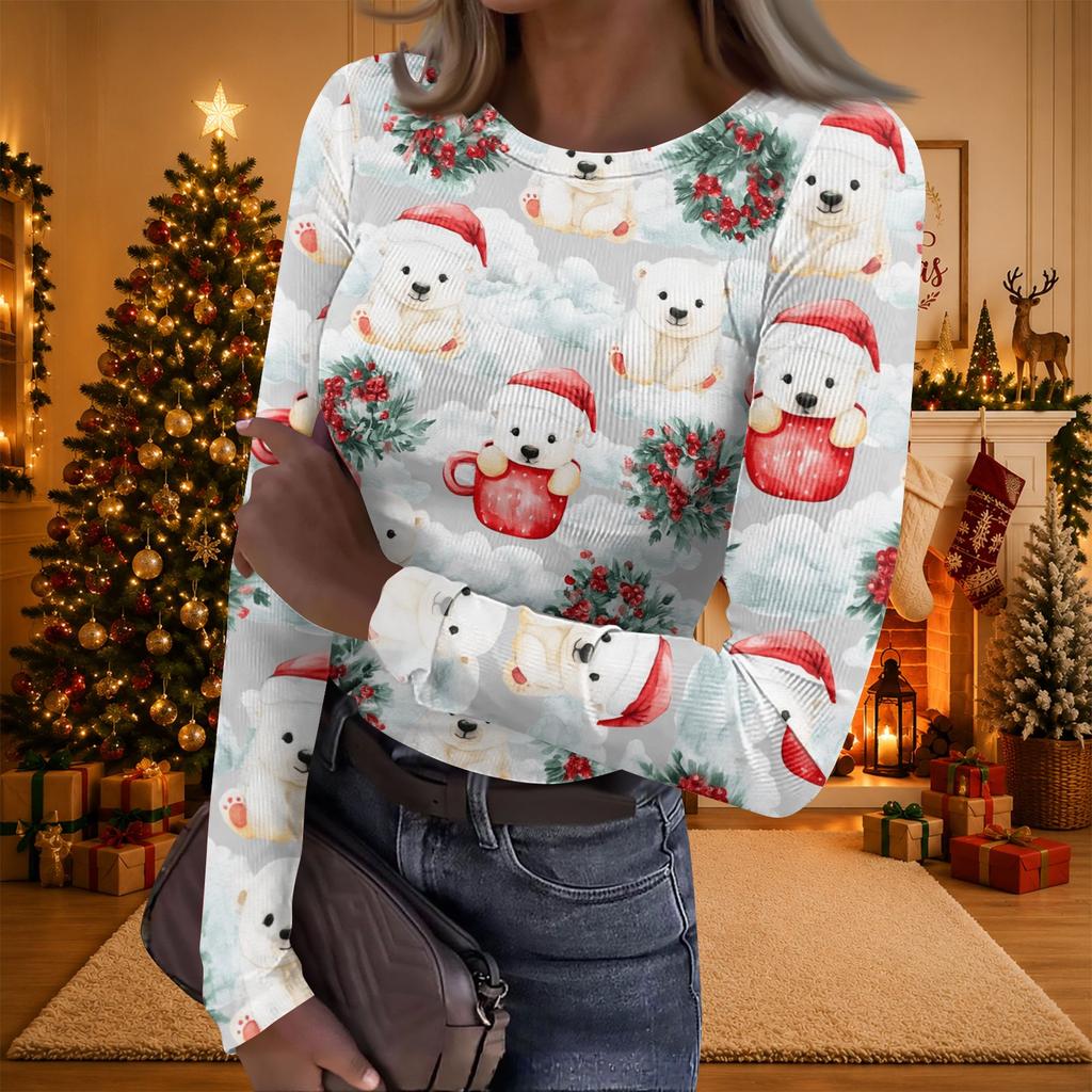 Women's Casual Christmas Print Long Sleeve Ribbed Neck Top
