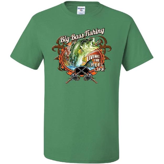 Big Bass Fishing T-Shirt Living The Reel Life Fisherman Spinning Mens Tee Shirt