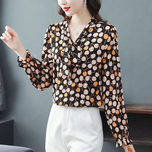 

Шифоновая рубашка на шнуровке, женская новая корейская блузка с длинными рукавами и принтом ленты, топ с шарфом и воротником, M-4XL XXL кофейный