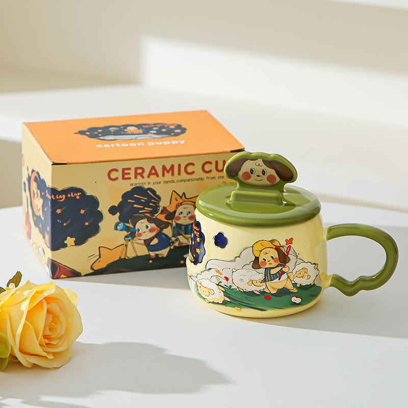 

Creative cartoon ceramic cup with mobile phone holder cover, home office water cup gift box, high value hand-painted wind mug 301-400ml