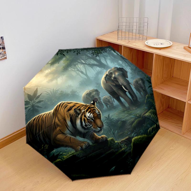 1 PC Automatic Folding Umbrella - Tiger Hunting Its Prey Pattern, Portable & Foldable Design with 8 Ribs, Christmas Birthday Gifts