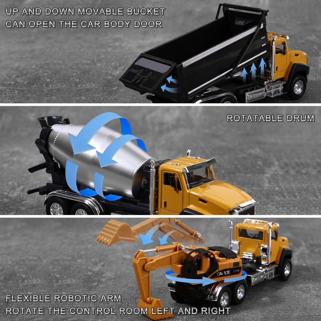AIUAZA Scale Diecast Engineering Construction Dump Alloy Collectible Model Open Door Toy 1/50 Vehicle, Truck, Excavator, Mixer, Car, Boy's Pull-Back