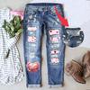 Women's Mid Rise Straight Leg Ripped Denim Jeans Heart Valentine Print Elastic Waist Vintage Washed Pants