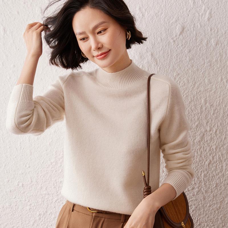 Lekasha Women's Cashmere Knit Sweater: Half-High Collar, Long Sleeves, Ideal Base Layer for Autumn and Winter.