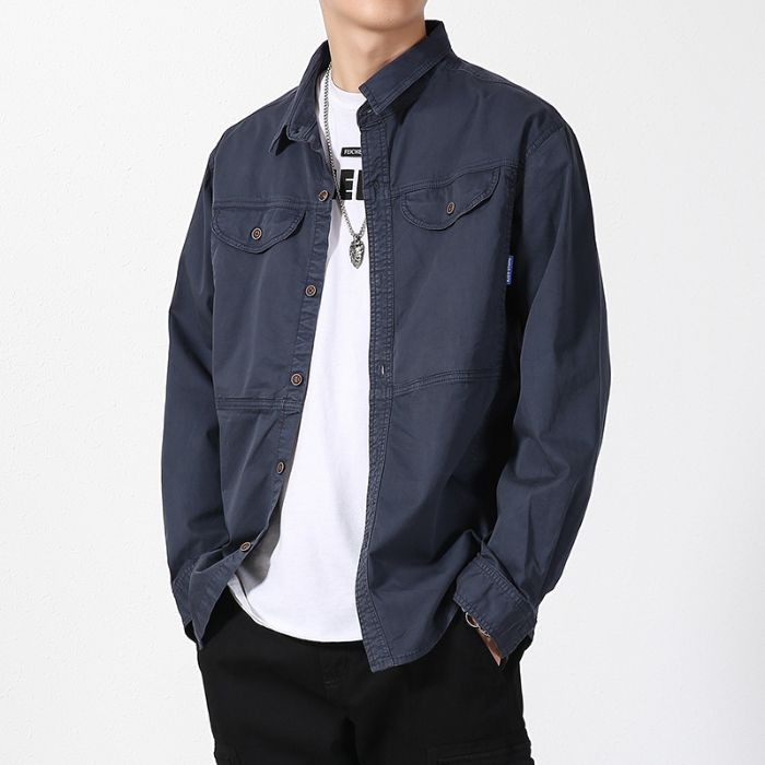 Men's Casual Long-Sleeved Shirt Trendy Brand Loose Fit Cotton Stretch Versatile Cargo Jacket Autumn Top