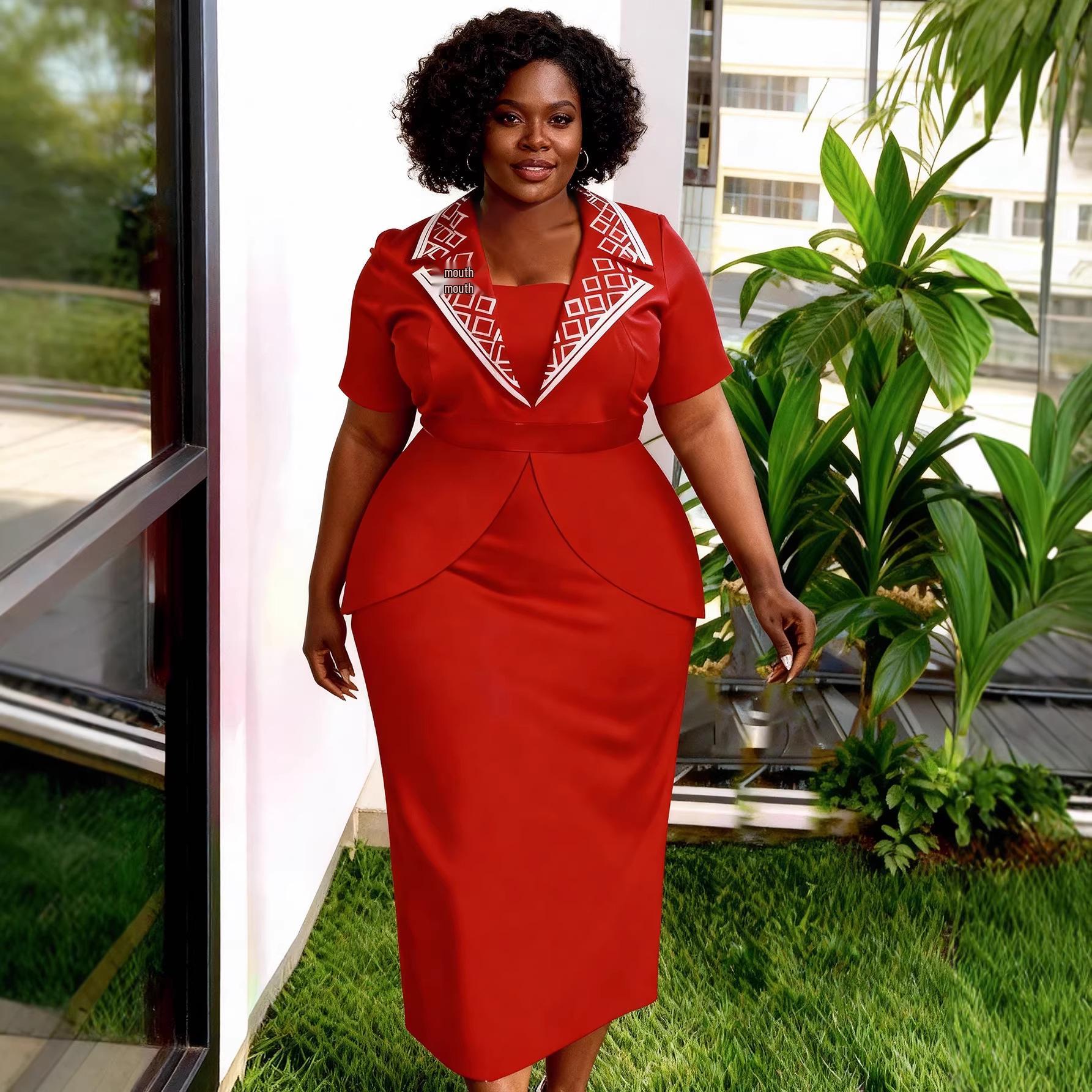 

Plus Size Women s Elegant Red Lapel Short Sleeve Waist-Cinched Dress 4XL красный