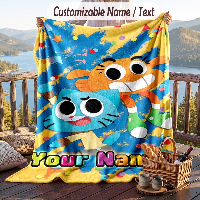 Amazing World of Gumball Flannel Blanket, Personalized Custom Name Text, Soft Warm Plush Throw Blanket For Gift