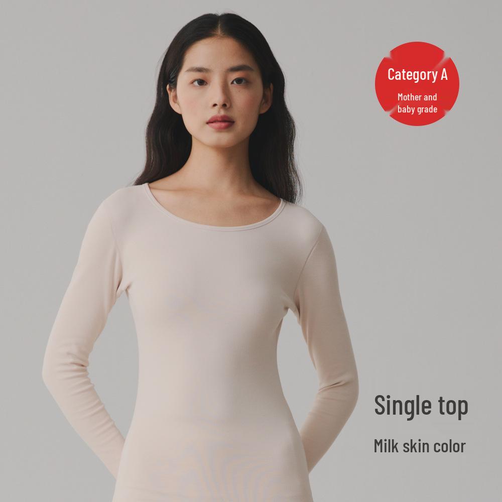 Women's 280g Extra Thick Pure Cotton Antibacterial Double-Brushed Round Neck Thermal Top
