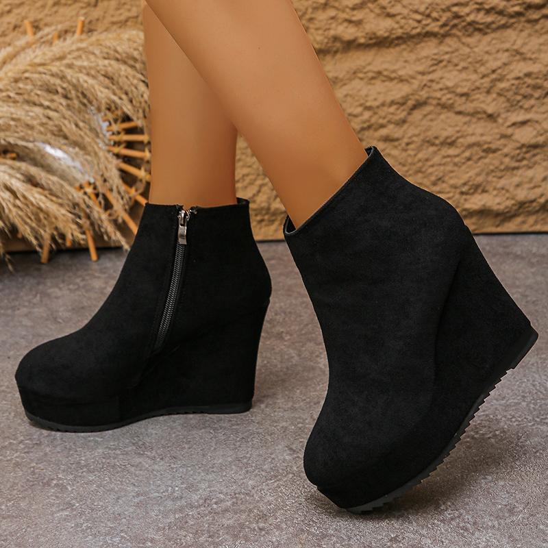 Fashion Black Wedge High Heel Ankle Boots Women Faux Suede Chunky Platform Boots Woman 2025 Plus Size 35-42 Zipper Short Booties Mujer
