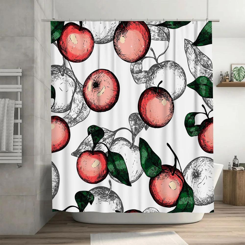 Red Apple Shower Curtain Decor with Green Leaves Modern Floral Bathtub Accessories for Bathroom White Background Print Home Text
