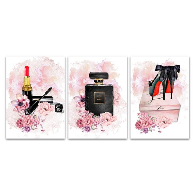 Lipstick High Heels Posters And Prints Perfume Bottle Canvas Painting Pink Flower Peony Wall Poster Beauty Room Decoration