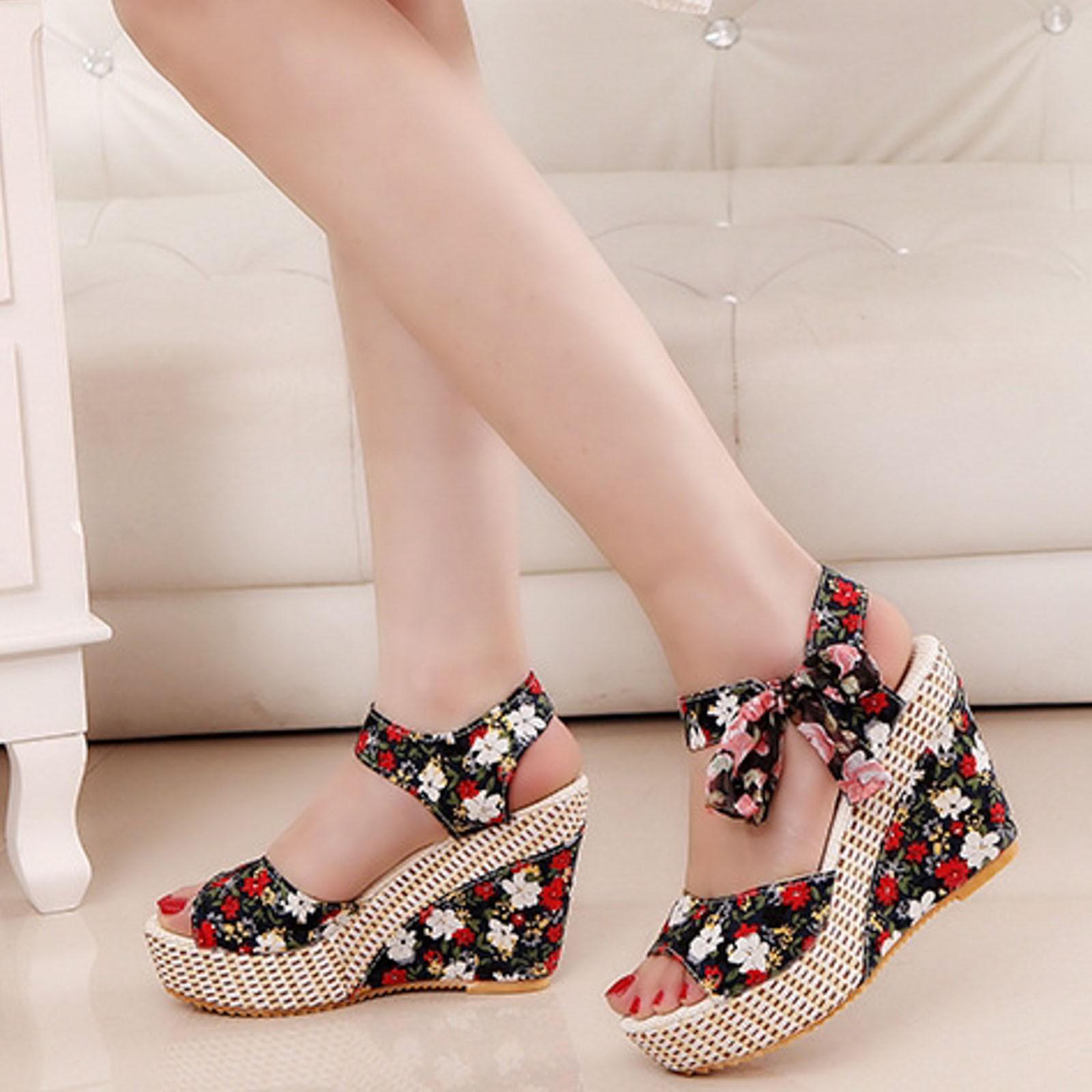 

Wedge Heeled Sandals for Women Summer Casual Fish Mouth Hollow Flower Bow Print Fashion Sandal High Heel Temperament Shoes 36 чорний