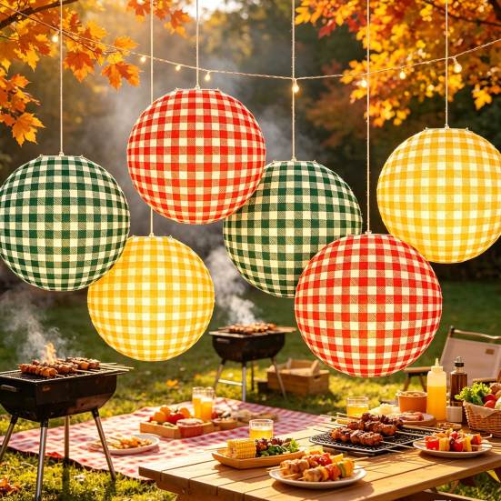 Rot Grün Gelb karierte Papierlaterne Karomuster Kariert Hängende Große Runde Laterne für Geburtstag Junggesellinnenabschied Outdoor Camping Dekoration