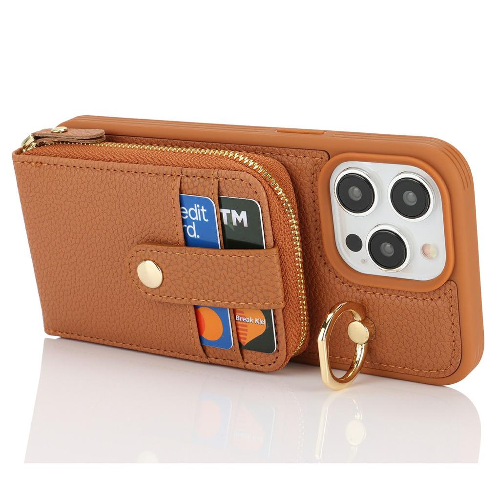 For iPhone 14 Pro Max Case with Zipper Pouch/Ring Kickstand/Strap Litchi Texture PU + TPU Phone Cover