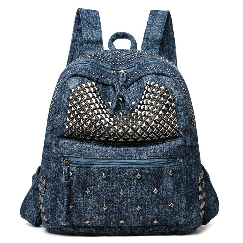 Zaino di Moda in Tessuto di Cotone Denim con Borchie Super Cool e Cerniera Solida per Donne 2026 Alta Qualità Grande Capacità Stile Designer Borsa da Scuola