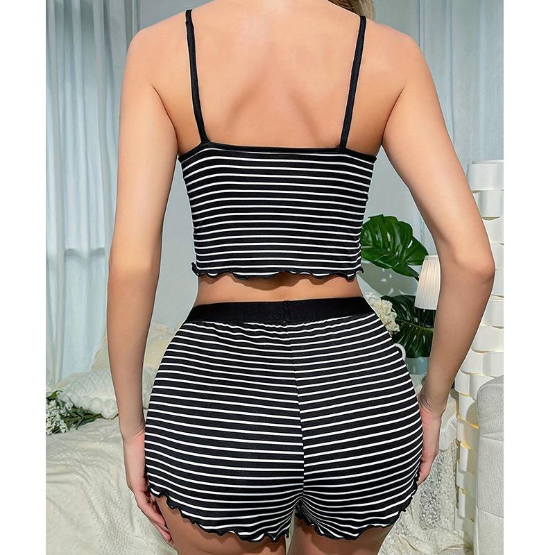 Ladies Pyjamas Sexy Striped Wearable Homewear Halter Nightgowns Women Shorts Set Black Sexy Road Shoulder Halter Shorts Sports