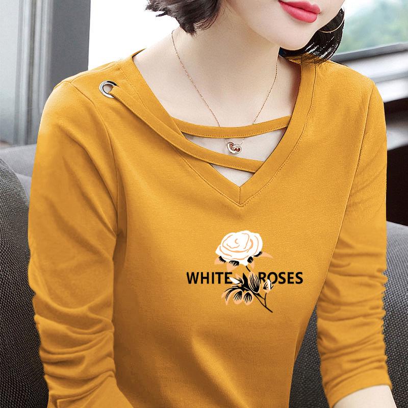 

2025 Весна и Осень Футболка из чистого хлопка с V-образным вырезом и принтом, с длинным рукавом, большого размера, для женщин среднего возраста, омолаживающий и стройнящий дизайн. L (suggested 45-52kg)