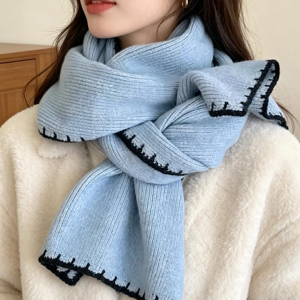 Fresh and vintage locked-edge soft cozy knit Korean ambient scarf for women, versatile winter thickened shawl with warm scarf