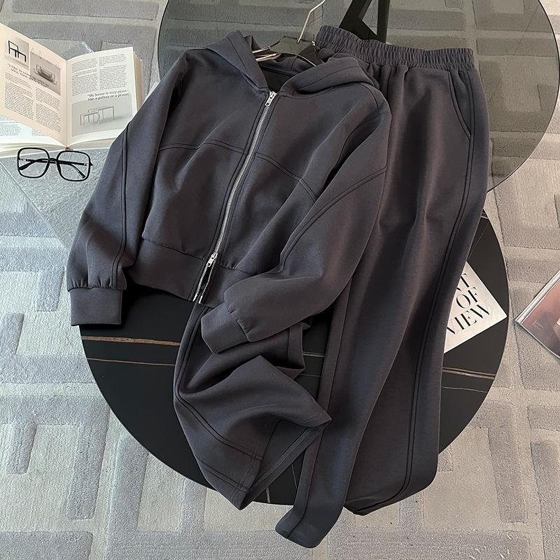 

Женский модный утолщенный повседневный комплект с капюшоном, широкие брюки, открытый кардиган, стиль пальто, удобная дышащая одежда XXL темно серый