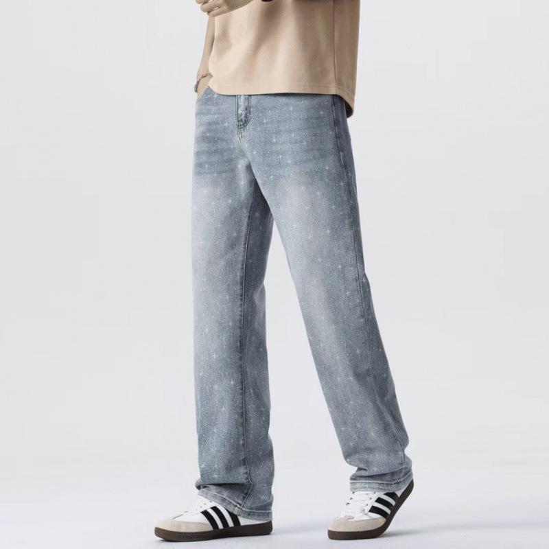 American style gypsy jacquard printing washed straight jeans men's loose casual trousers trendy high street style