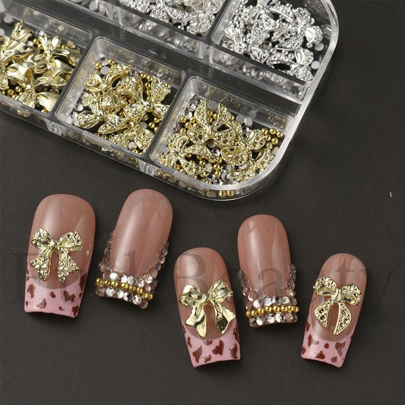 1pc of 6-compartment metal bow rhinestone and steel bead 3D nail art, nail decoration, holiday gift.