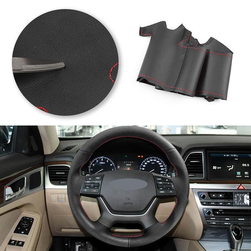 For Hyundai Genesis 2015 2016 Hand Braid Car Interior Accessories Steering Wheel Microfiber + Perforated Leather Cover Trim