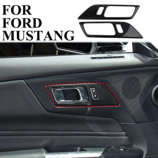 Carbon fiber style inner door handle bowl panel trim cover for Ford Mustang