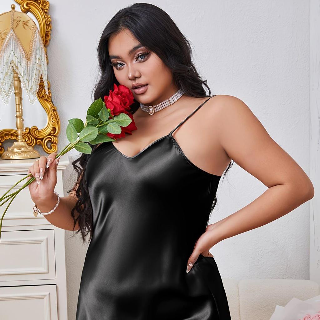 Plus Size Women's Silk Satin Camisole Nightgown with Slit - Elegant, Comfortable, Slimming Design