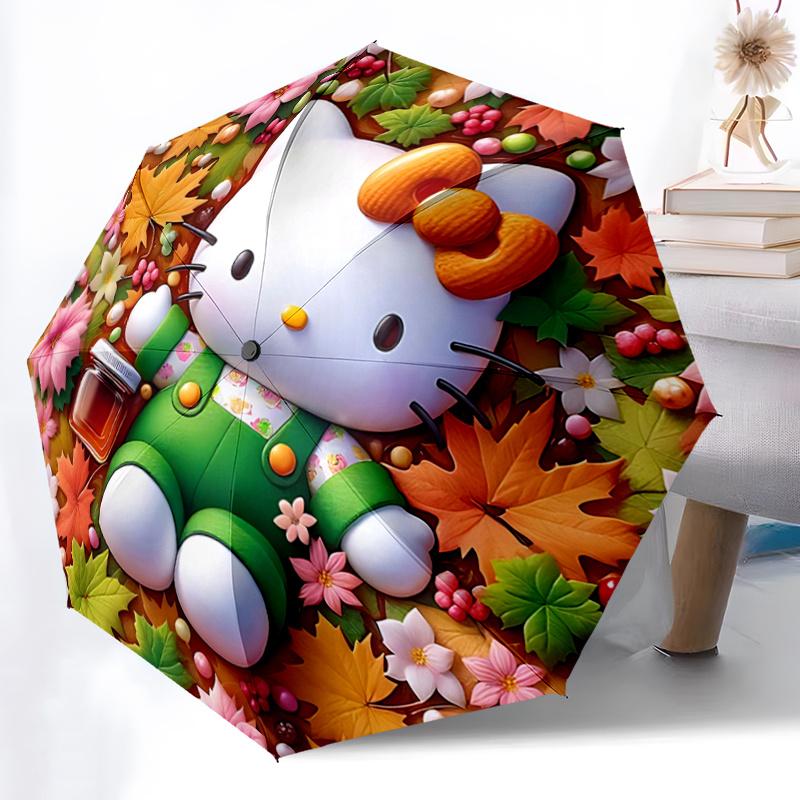 

1pc Hello Kitty Autumn Floral Print Umbrella - Automatic Open/Closed, Portable Folding Design, 8-Rib Iron Frame, Outdoor, Festive Gift for Fans, Trave