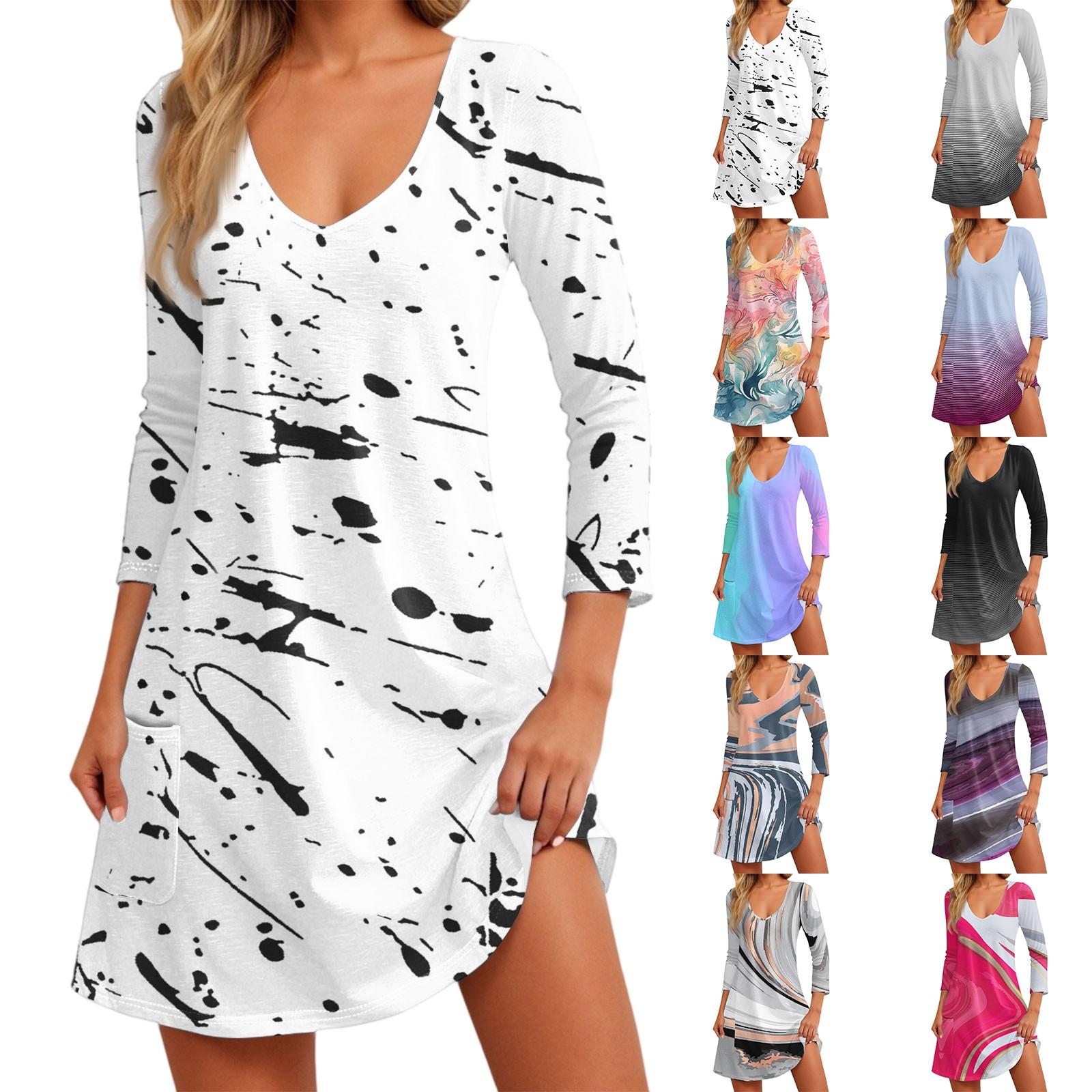 

Women s Fashion Casual V-Neck Floral Print Pocket Three-quarter Sleeve Dress XL фіолетовий