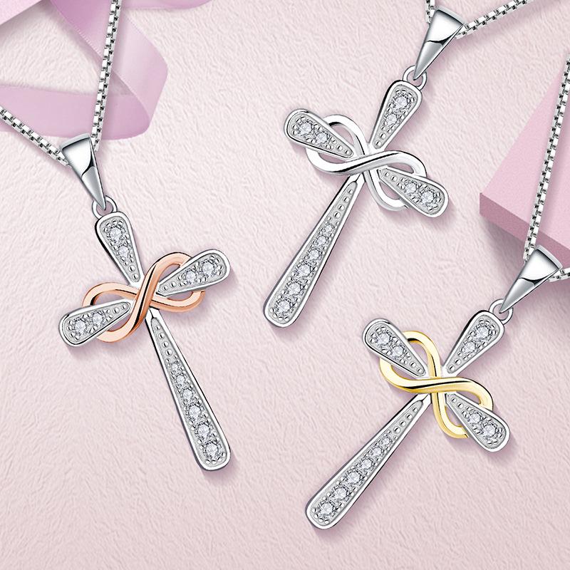 Sterlingsilber S925 Kreuz Halskette mit Schleife Zirkon Anhänger für Damen - Trendiges Schmuck Accessoire