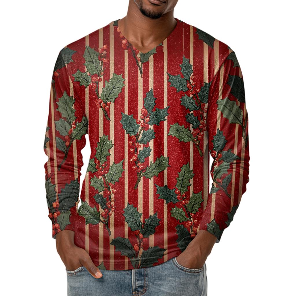 Men's Fashion Printed V-Neck Casual Long-Sleeved T-Shirt Bottoming Shirt Top