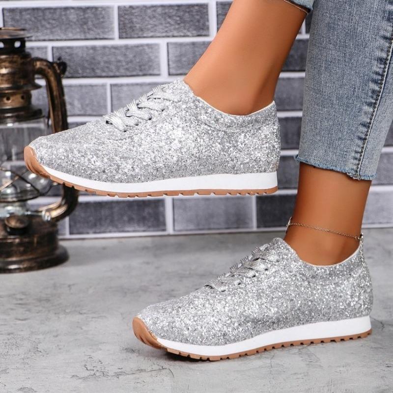 Fashion Sequined Casual Sports Shoes, Large-sized Flat-bottomed Lace-up, A Trendy and Versatile Shallow-toed Women's Single Shoe