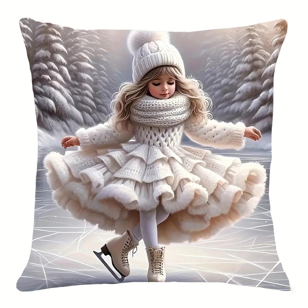 1 Winter Dream World Victorian Girl Ice Skating Scene Double-Sided Print Pillowcase, 45.72x45.72 cm Square Cushion Cover, Suitable for Home Sofa, Bedr