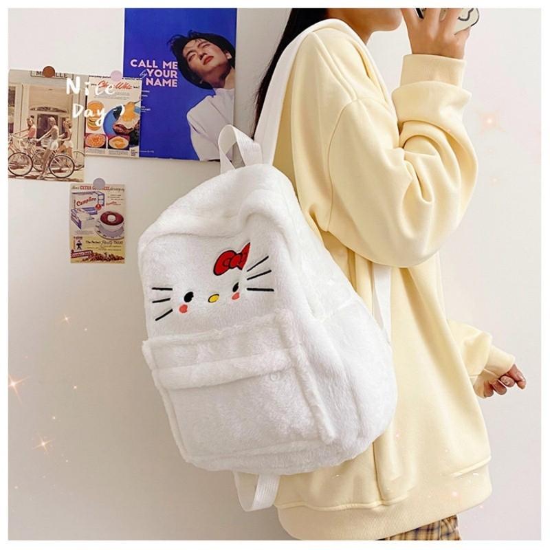 Cute Cartoon Hello Kitty Plush Zipper Backpack Street Style Nylon Material