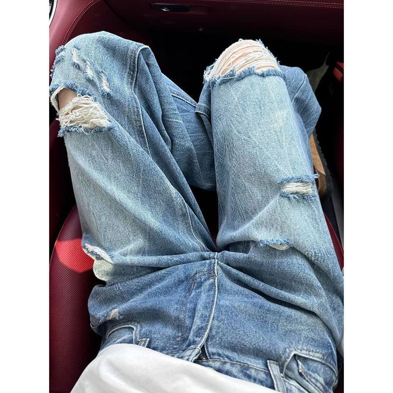Straight Plus Size Jeans Female Year Female Broken Holes High Waist Washed Design Sense Skinny Wide Leg Trousers Jeans for Women Long Denim Pants