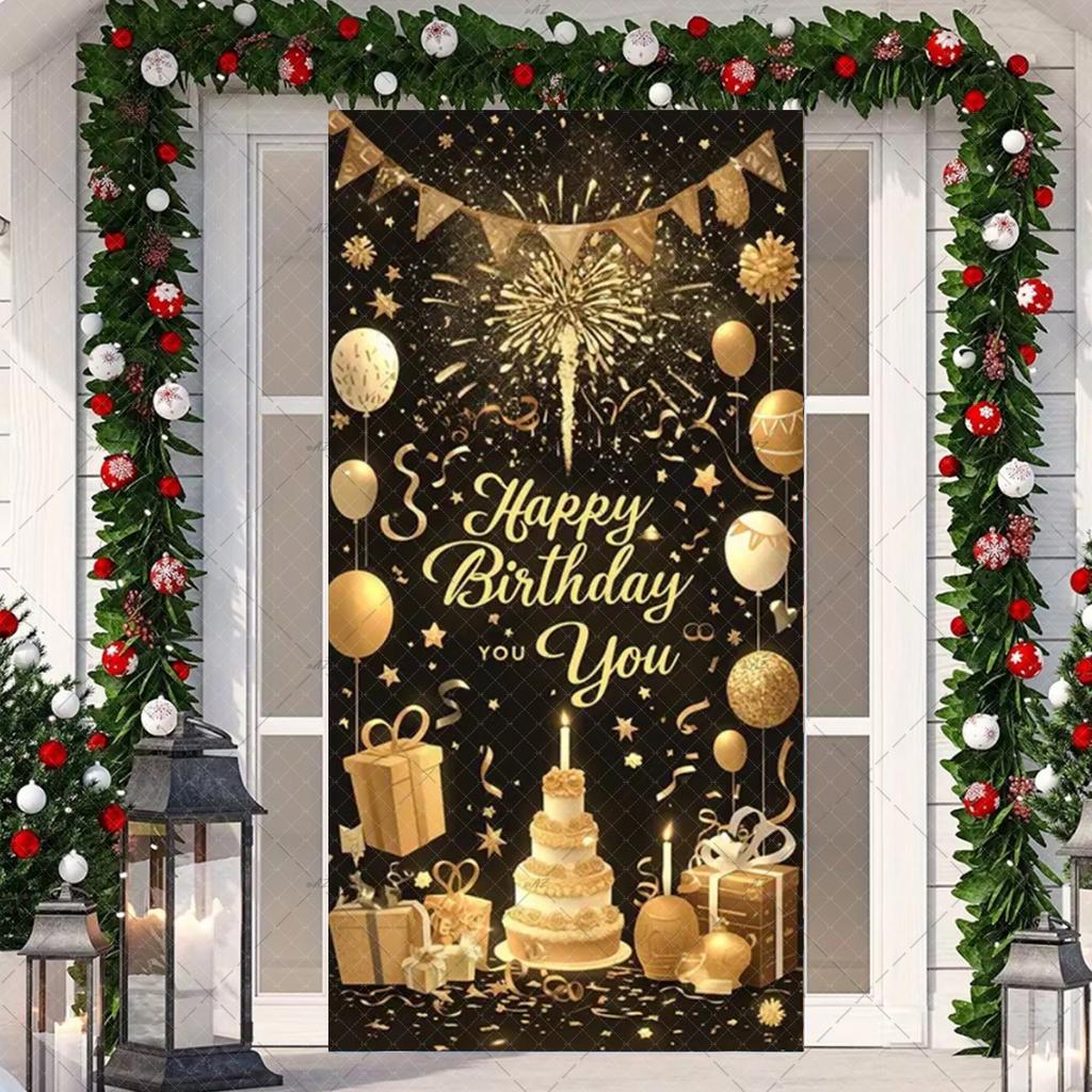 Black Gold Happy Birthday Door Banner Pink Blue Purple Shining Balloons Kid Adult Party Decoration Backdrop Photo Shoot Supplies