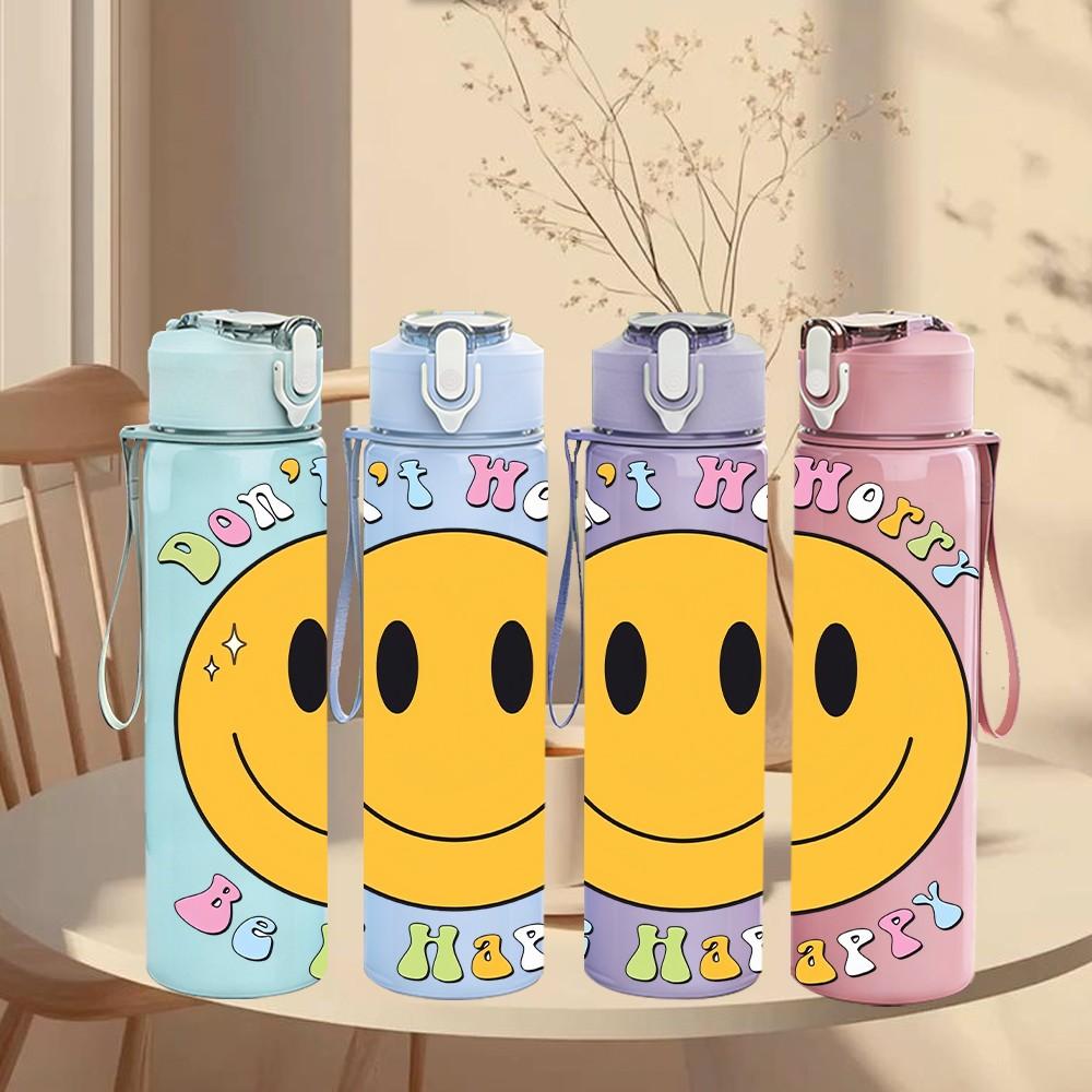 1PC Smiley Face Retro Simple Slogan Art Print 750ml Color Plastic Sports Water Bottle Leakproof Flip Straw Lid Suitable for Sports Office Home Use