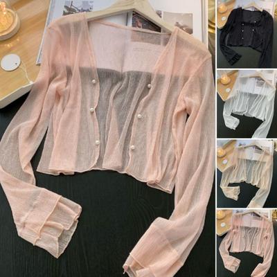 Women's Mesh Sheer Sun Jacket Long Sleeve Button Down Sun Shirts UV Protection Short Shawl Top Summer Beach Cover Up