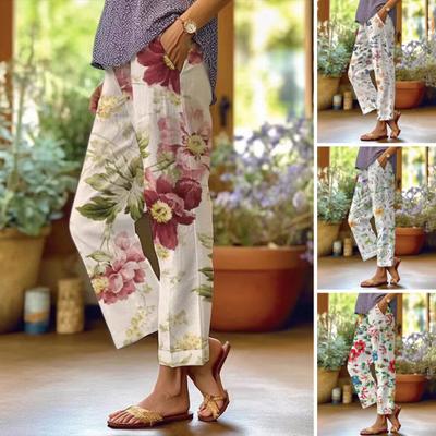 Women Casual Pants Elastic High Waist Drawstring Straight Wide Leg Pants Digital Floral Print Beach Office Daily Long Trousers