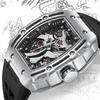 Mark Fairwhale Automatic Mechanical Watch for Men 46mm Alloy Case Rubber Band Waterproof Luminous Skeleton Embossed Dial