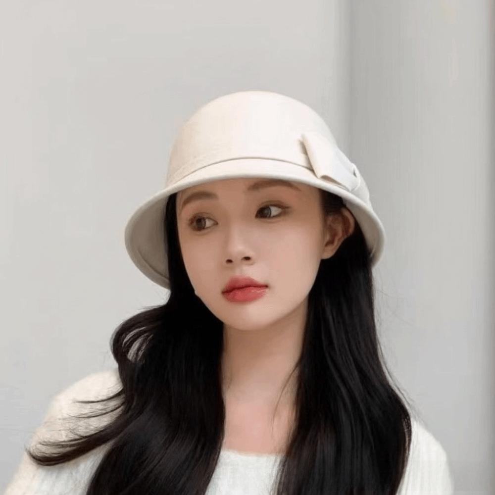 Solid Color Bow Topper Hat French Style Woolen Bucket Hat Vintage Women Fisherman Hat  Party