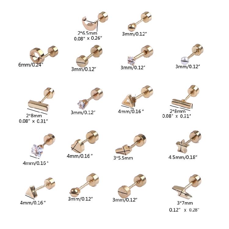 18-Pair Tiny Stud Earrings Star Moon for Triangle Ball Screwback Earrings for Un