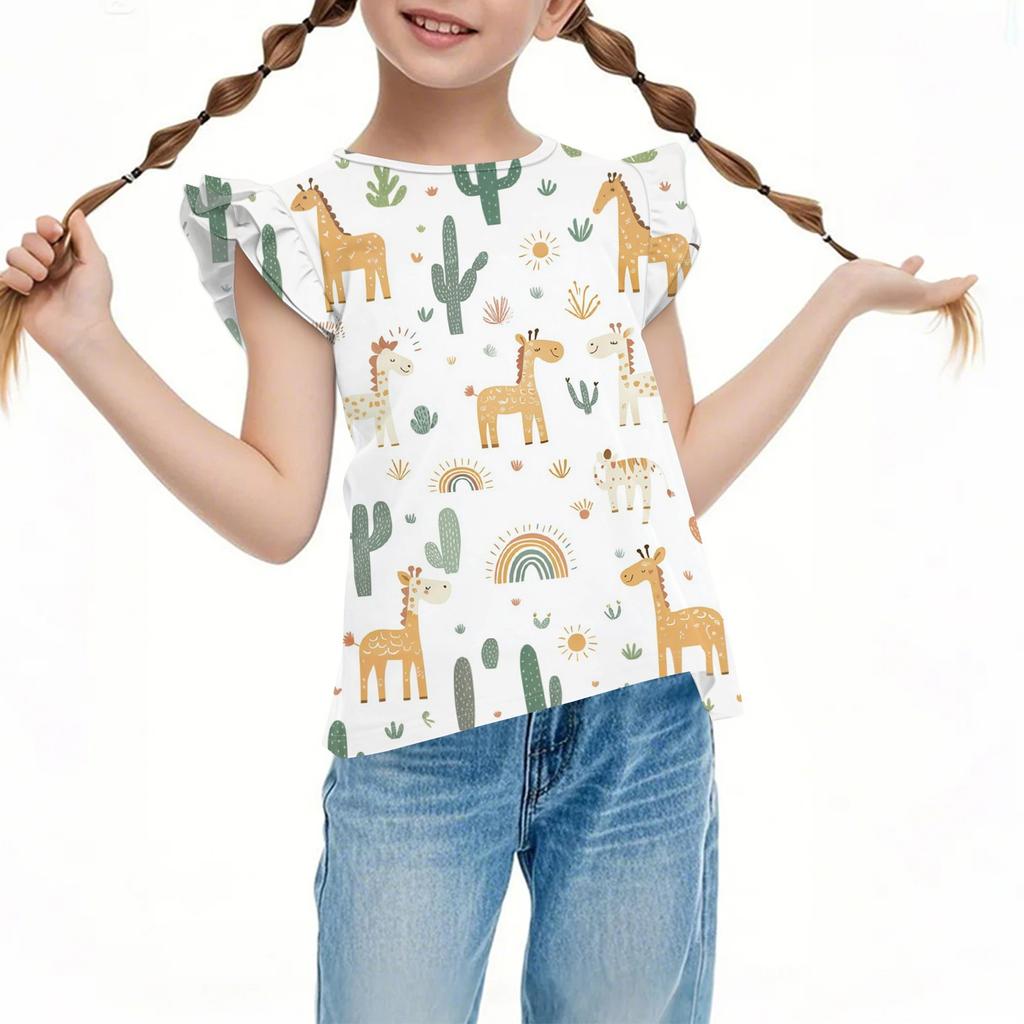 Children's Casual Short-Sleeved Pleated Cute Printed Round-Neck Solid-Color Top