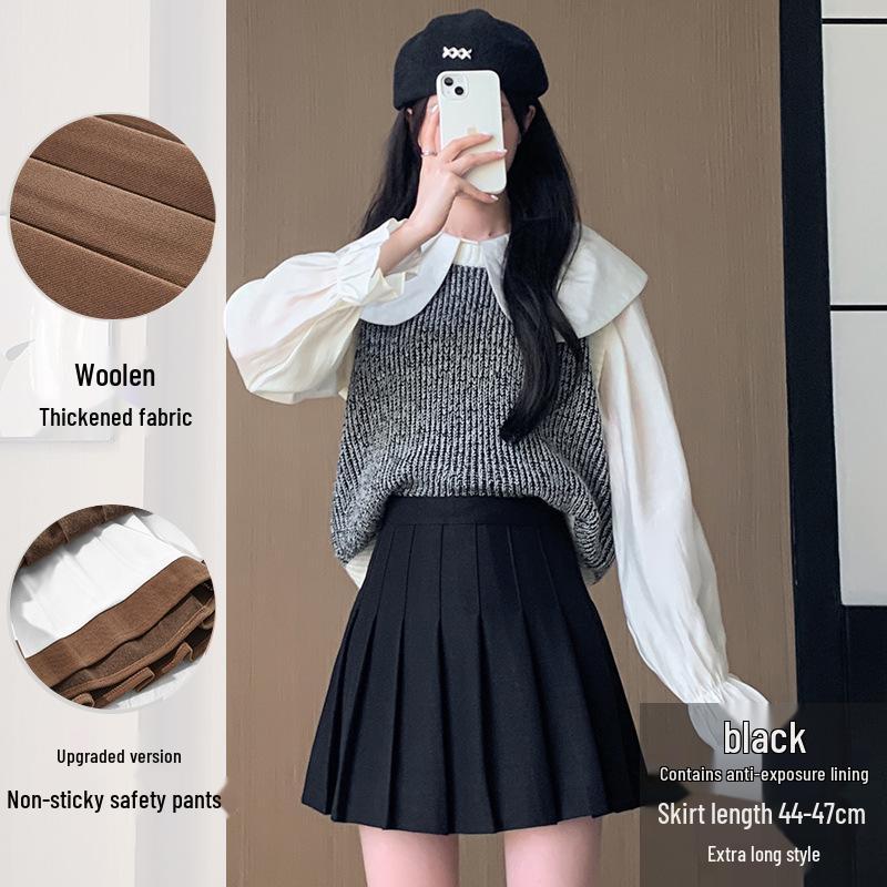 Spódnica wełniana plisowana w kształcie litery A z wysokim stanem - Damska Jesień/Zima, Slim Fit, Plus Size, Styl Koreański, Długość Krótka/Midi.