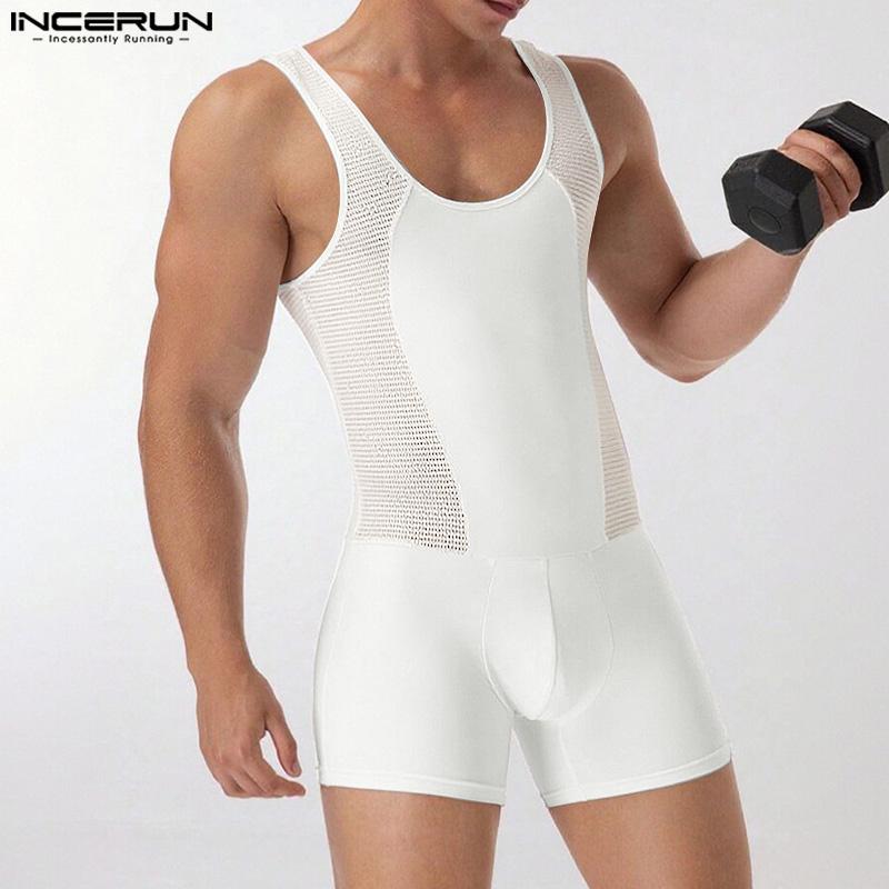 INCERUN Men Strap Sleeve Hollow Out Fitted Pajamas Jumpsuits See Through Romper Bodysuits Underwear