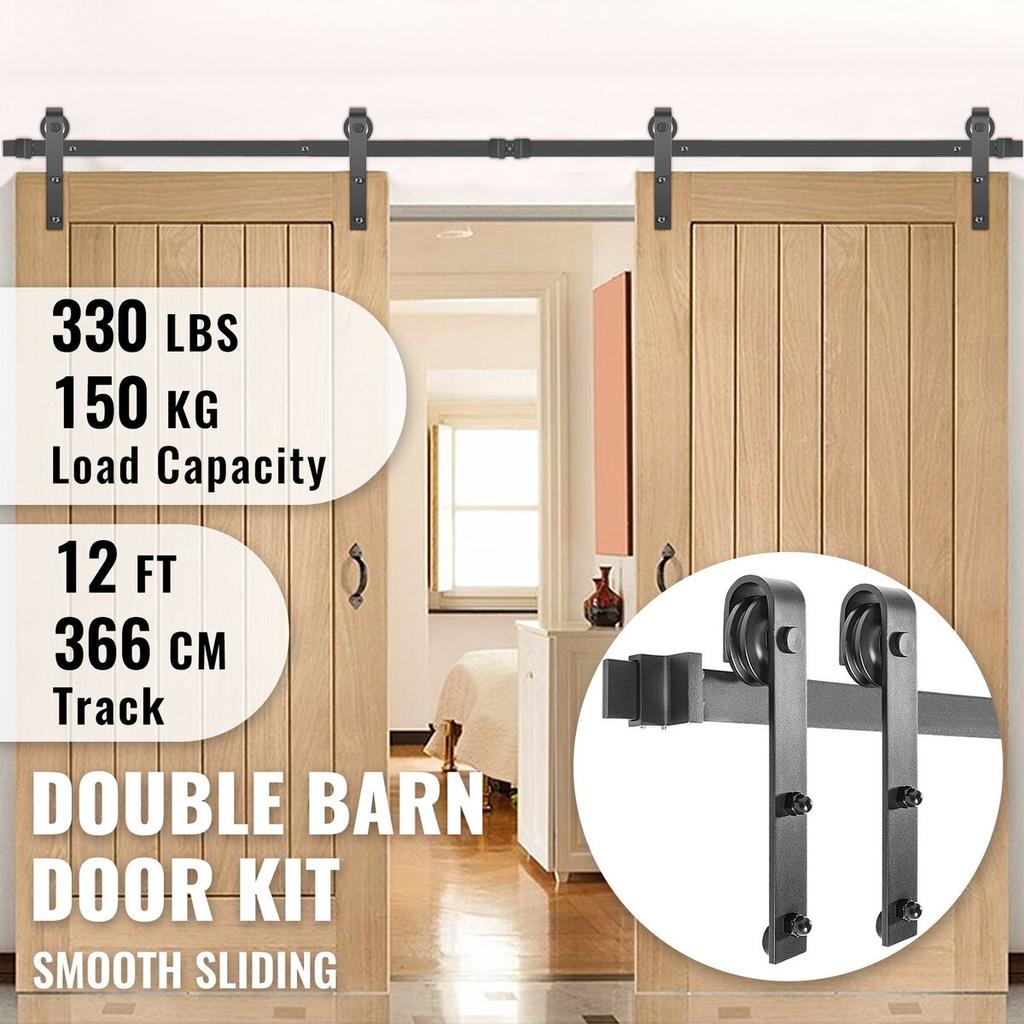 Sliding Barn Door Hardware Kit, 12FT Barn Door Kit, 330LBS Load-bearing Double Barn Door Hardware Kit, Carbon Steel Barn Door Track, Darn door for
