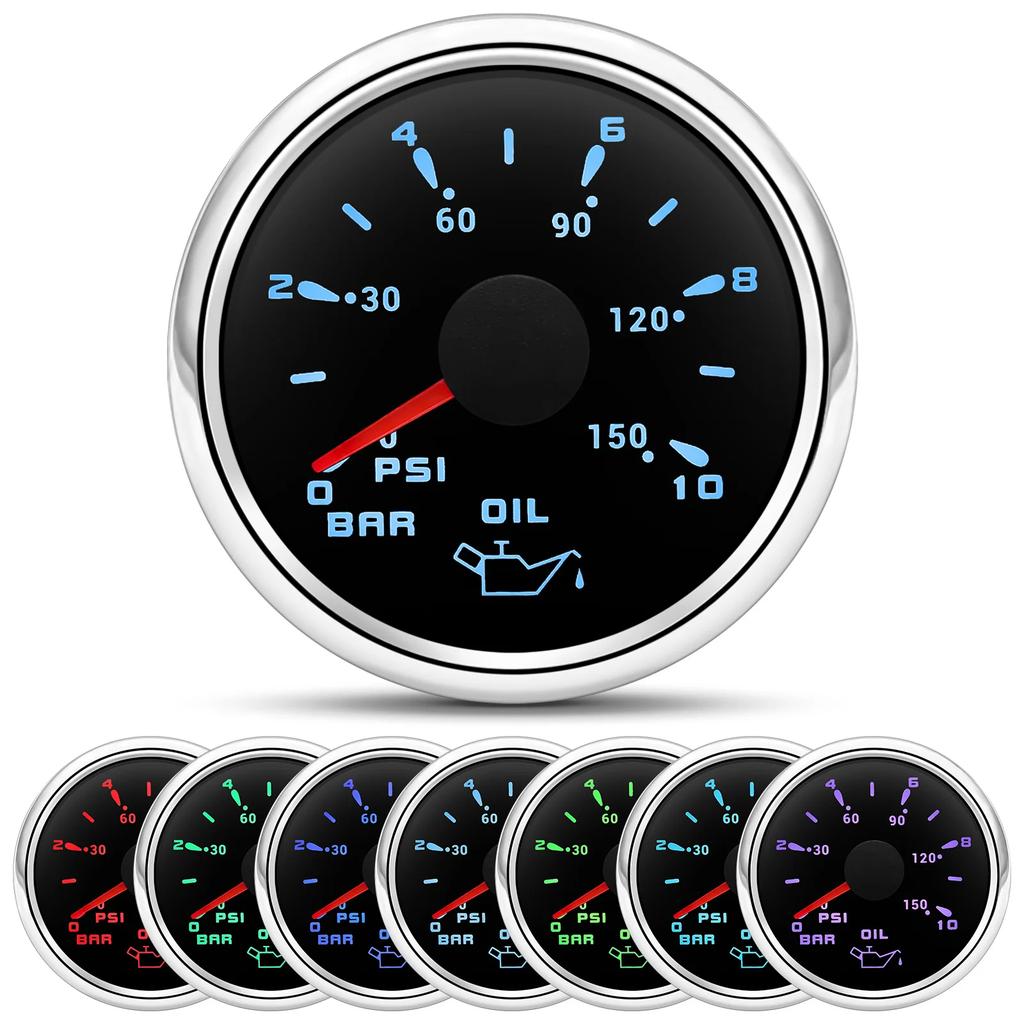 Marine Car Boat 52mm Oil Pressure Gauge+Sensor 0-5Bar 0-10Bar 7 Color Backlight Oil Press Meter Oil Press Indicator 12V/24V