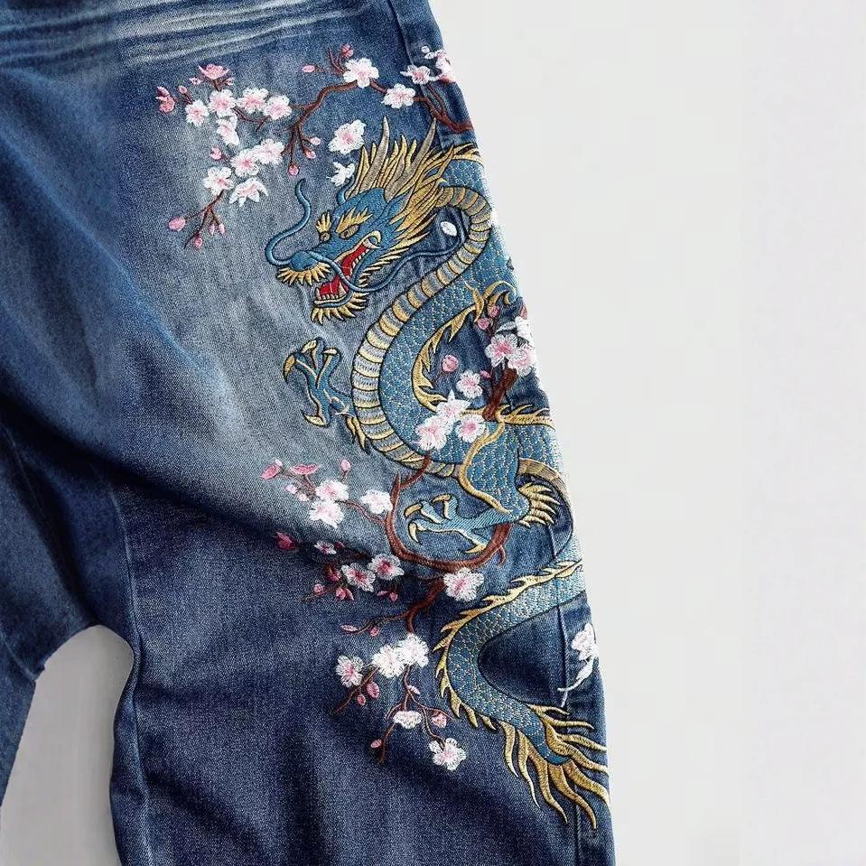 2026 foreign trade new European and American flower printing jeans straight mopping pants