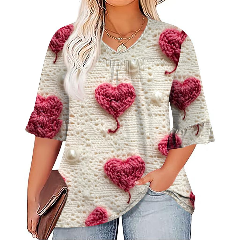 Women's Fashion Casual  Printed V-Neck Pleated Seven Minute Sleeve Ruffle Sleeve T-Shirt Plus Size Tops